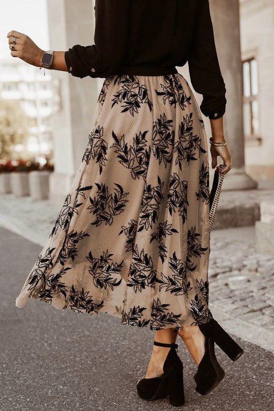 Floral Leaves Embroidered High Waist Maxi Skirt