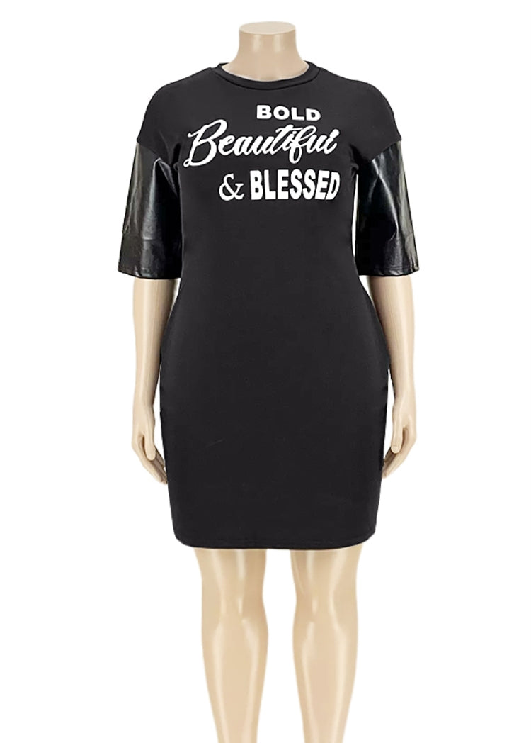 Letter Print Black Leather Mini Dress