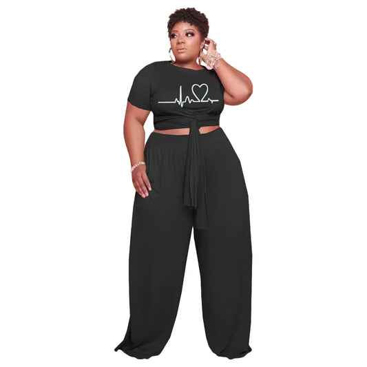 Plus Size Two Piece Set Printed Short Sleeve Tie Belt Top + Solid Wide Leg Pants