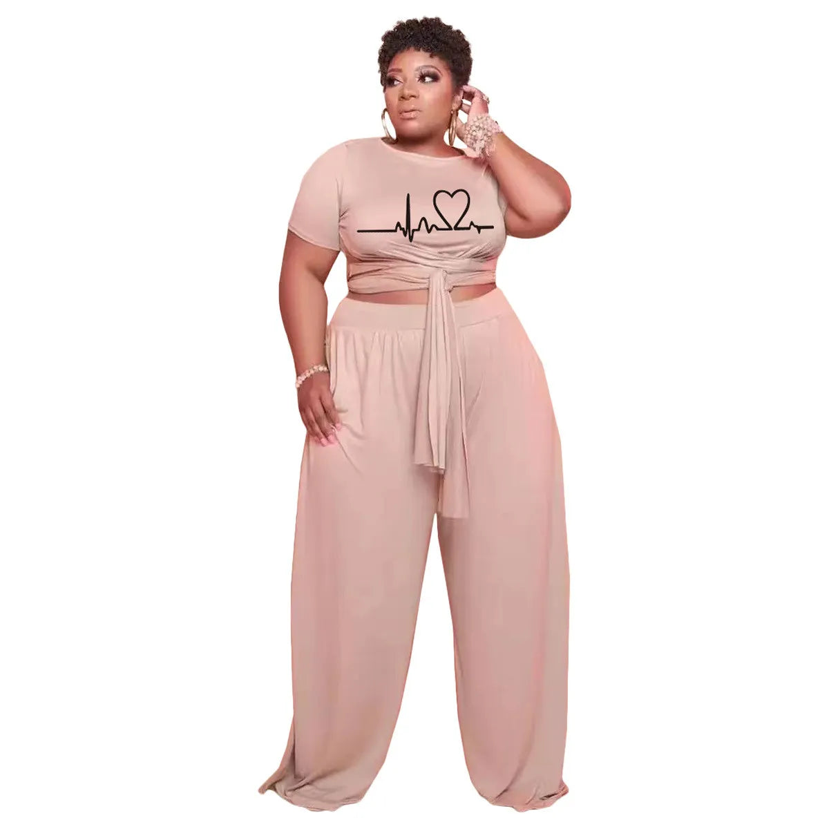 Plus Size Two Piece Set Printed Short Sleeve Tie Belt Top + Solid Wide Leg Pants