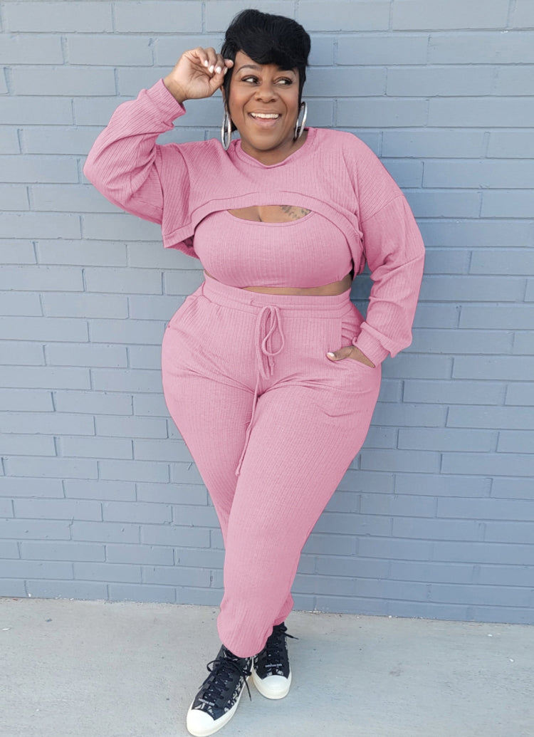 Plus Size Pink Cami Crop Top and Pants with Cape Top 3PCS Set