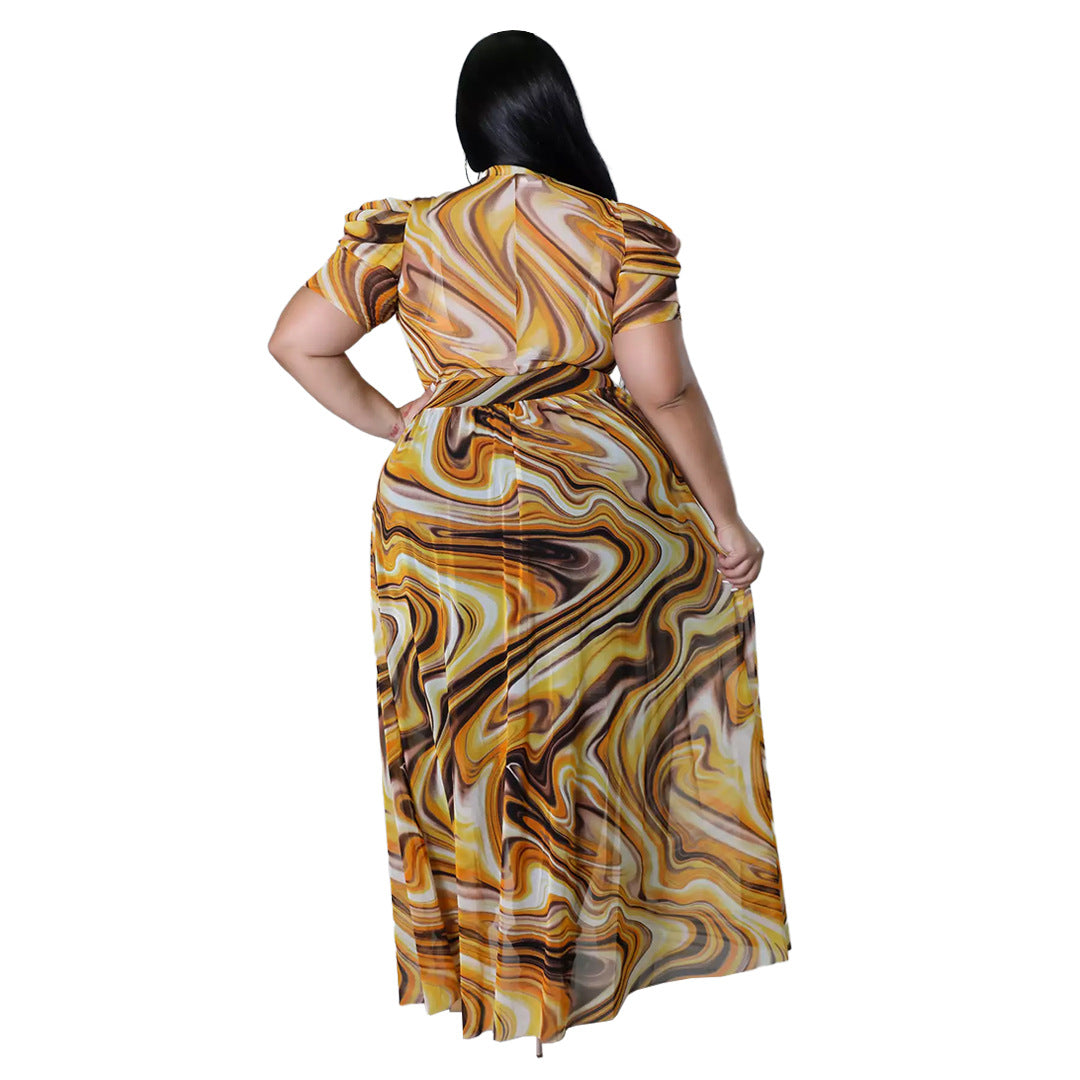 Plus Size Print Yellow Mesh Mock Neck Short Sleeves Long Dress