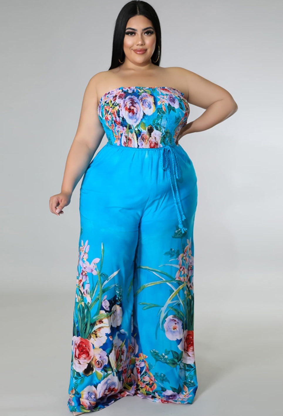 Plus Size Floral Print Blue Strapless Sleeveless Pockets Wide Leg Jumpsuit