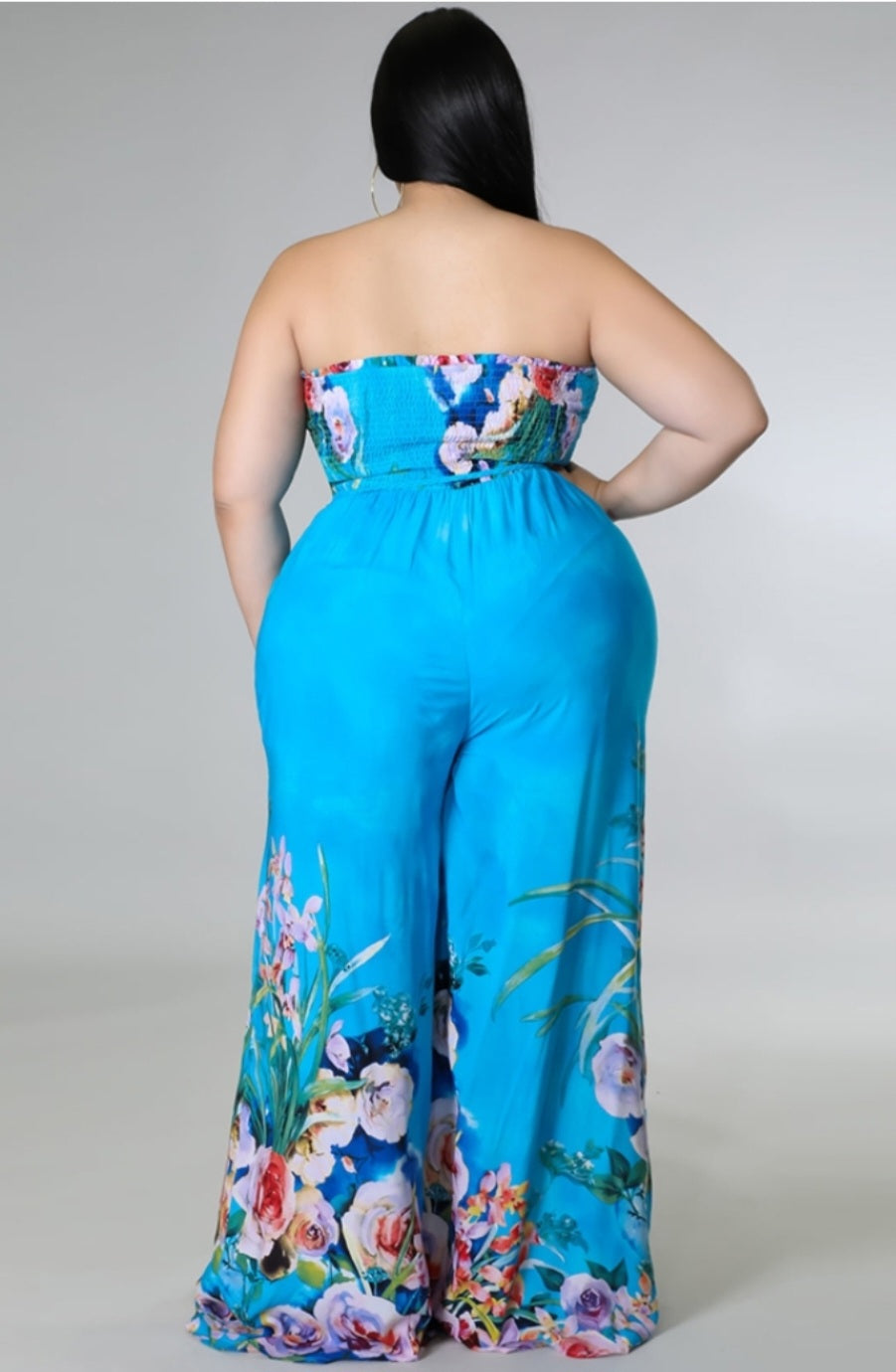 Plus Size Floral Print Blue Strapless Sleeveless Pockets Wide Leg Jumpsuit