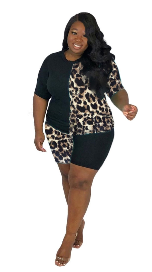 Plus Size Leopard Black Colorblock Two Piece Shorts Set