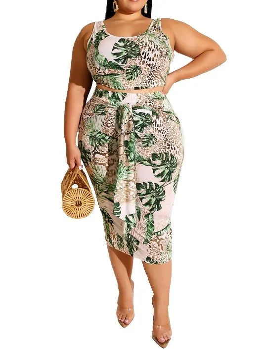 Plus Size Crop Top & Tie Detail Midi Skirt