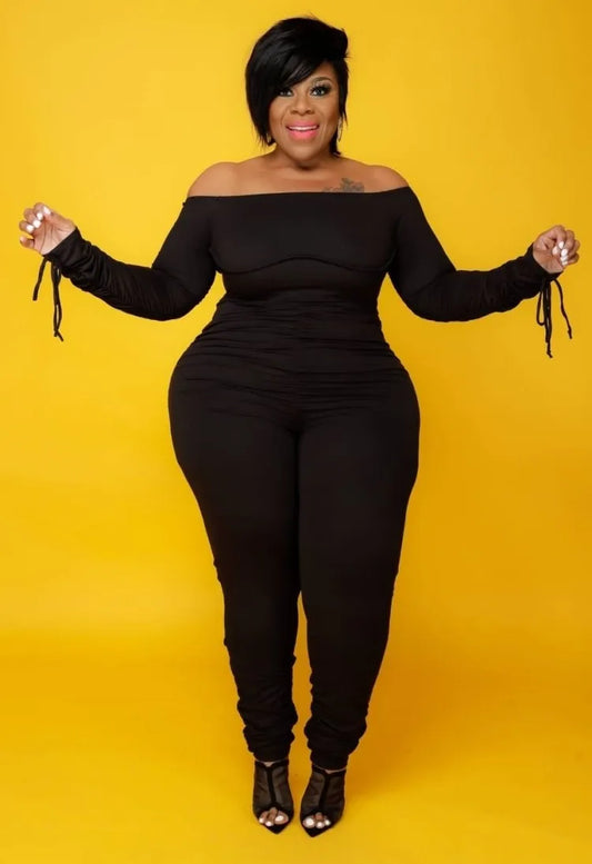 Plus Size Black Off Shoulder Long Sleeve Skinny Jumpsuit