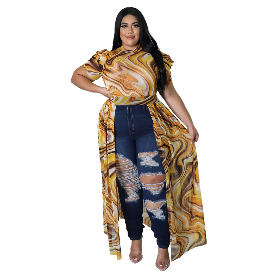 Plus Size Print Yellow Mesh Mock Neck Short Sleeves Long Dress