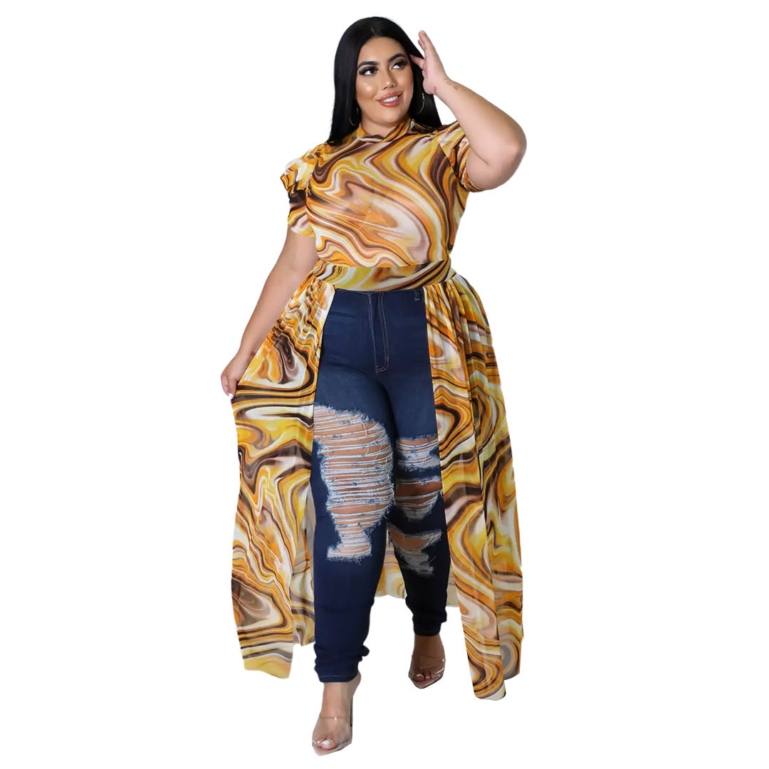 Plus Size Print Yellow Mesh Mock Neck Short Sleeves Long Dress