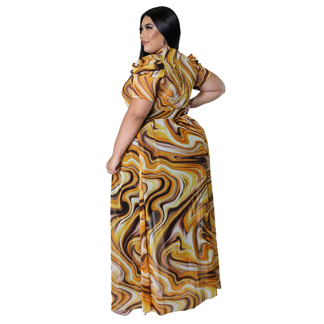 Plus Size Print Yellow Mesh Mock Neck Short Sleeves Long Dress