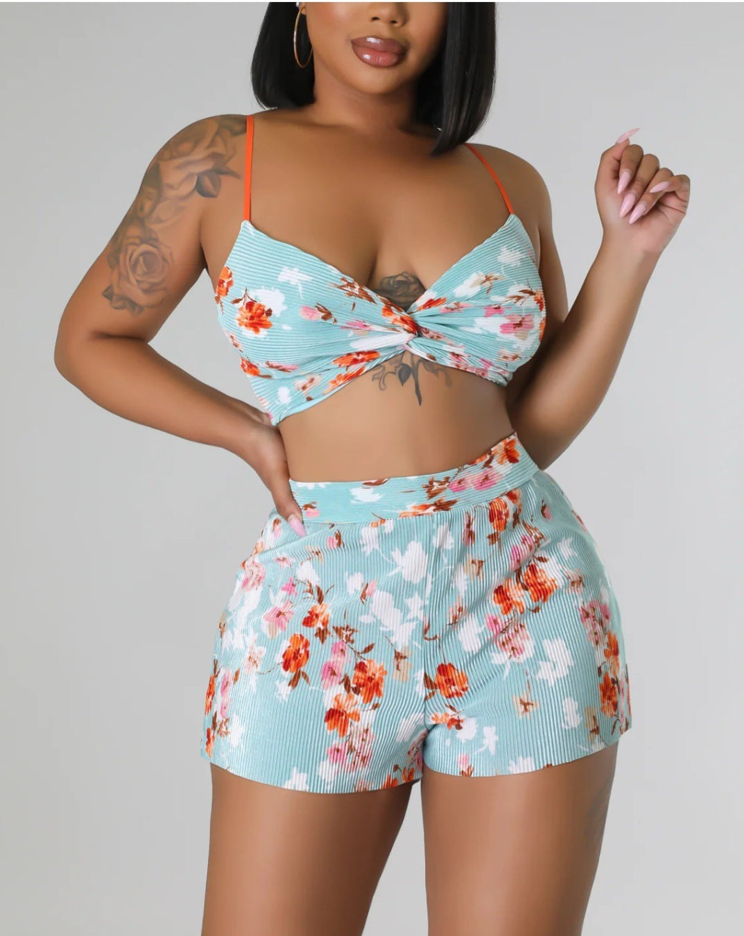 Floral plisse crop top set