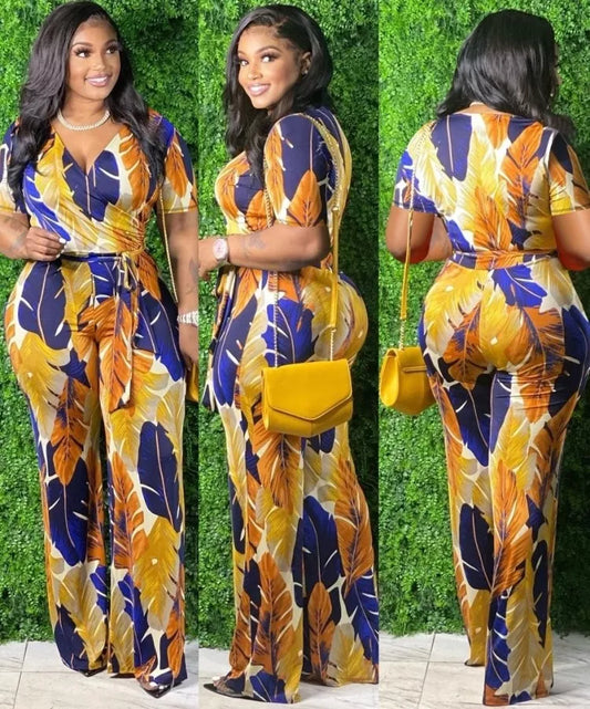 Plus Size Print Wrap Belted Jumpsuit