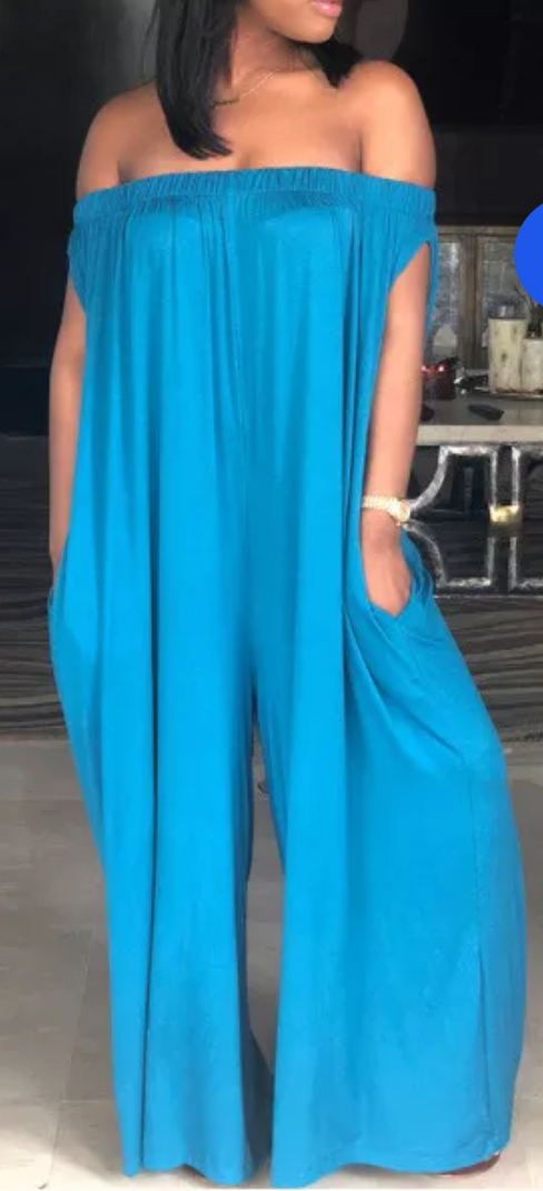 Off Shoulder Blue Loose Wide Leg Jumpsuit