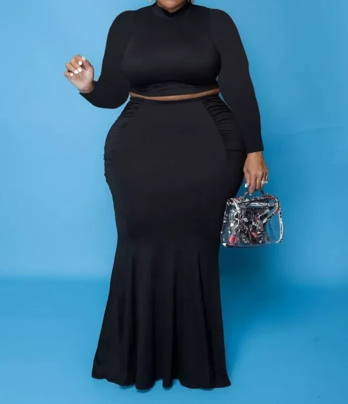 Plus Size Black Fitted Crop Top and Maxi Mermaid Skirt 2PCS Set