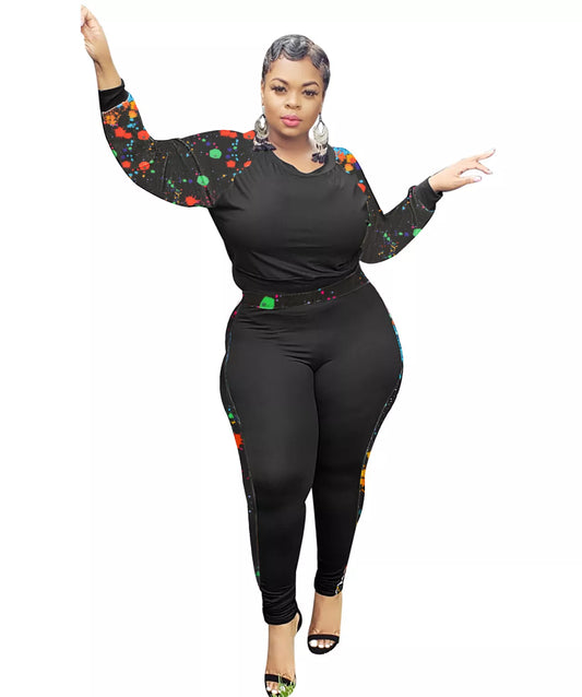 Plus Size Print Tight Two Piece Pants Set